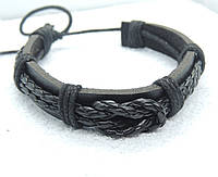 Браслет кожаный на руку черный с многослойным плетением B-1589