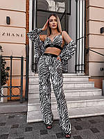 Летний легкий женский костюм (рубашка+штани+топ) софт премиум: зебра, леопард зебра (чорна-біла), M