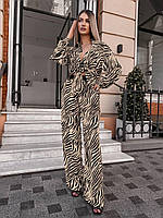 Летний легкий женский костюм (рубашка+штани+топ) софт премиум: зебра, леопард зебра (чорно-бежева), S