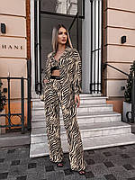 Летний легкий женский костюм (рубашка+штани+топ) софт премиум: зебра, леопард зебра (чорно-бежева), M