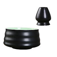 Комплект чаша (Чаван/Тяван) керамічна для приготування чаю матча з підставкою Кусенаоші для вінчика часен Чорно-зелений (KC05BG)