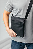 Мужская сумка через плечо с натуральной кожи, кожаная черная Flash Up, три отделения, удобная.