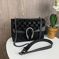 Женская черная замшевая сумочка с подковой в стиле Гучи мини сумка на цепочке Denwer P Жіноча чорна замшева