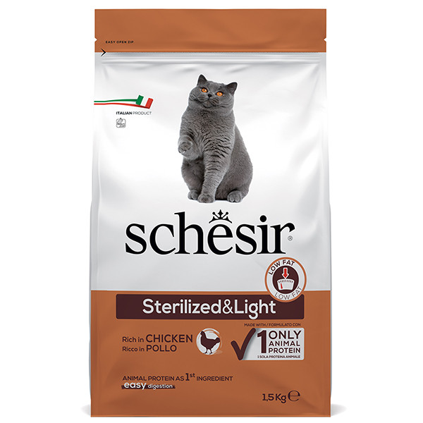 Schesir Cat Sterilized & Light ШЕЗИР СТЕРИЛІЗОВАНІ ЛАЙТ КУРКА сухий монопротеїновий корм для стерилізованих кішок та кастрованих, фото 1
