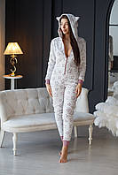 Женская махровая теплая пижама пудровая с карманом полиэстр не тянется розовая Denwer P Жіноча махрова тепла