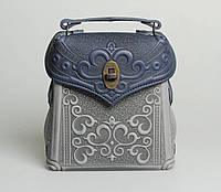 Кожаная женская сине-серая сумка-рюкзак ручной работы "Венеция", рюкзак трансформер синий с серым