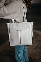 Сумка тоут шкіряна велика жіноча Юта Біла 28*30*12 см, сумка шопер біла стильна з кишенями