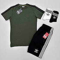 Adidas хаки футболка черные шорты мужской спортивный летний комплект Адидас Denwer P Adidas хакі футболка