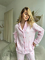 Тор! Муслиновая женская пижама COSY Сердца розовые на розовом брюки+рубашка