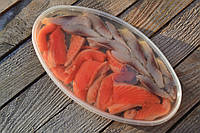 Рыбное ассорти филе-кусочки сельди и лосося в масле 200 грам
