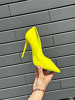 Женские туфли лодочки на высокой шпильке желтые лаковая экокожа с острым носиком 36