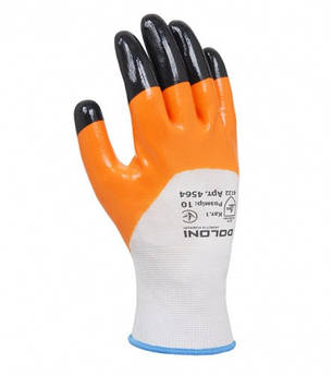 Рукавички Doloni трикотажні з нітриловим покриттям, неповний облив+ додатковий облив пальців, помаранчеві,, фото 1