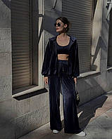Женский стильный модный молодежный повседневный велюровый костюм тройка кофта топ и штаны (пудра, белый, черн) Синий