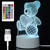 3D ночник Мишка "Люблю тебя" от USB с пультом ДУ / Настольная лампа-ночник / Акриловый светильник в детскую