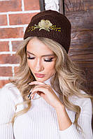 Женская коричневая шапка с цветочной вышивкой 167R7782 Ager one size GB, код: 8236475