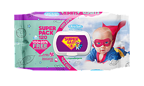 Серветки вологі Super Baby 120 шт., клапан, Ромашка й алое