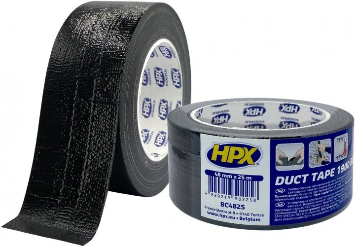 Армована клейка стрічка (сантехнічний скотч) HPX Duct Tape Universal 1900 48ммх25м чорна (BC4825) - фото 1 - id-p1670062777