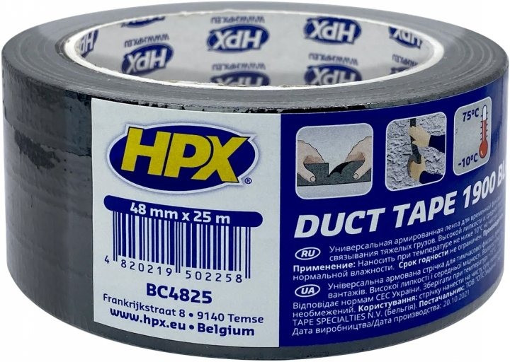 Армована клейка стрічка (сантехнічний скотч) HPX Duct Tape Universal 1900 48ммх25м чорна (BC4825) - фото 2 - id-p1670062777