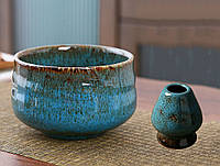 Комплект чаша (Чаван/Тяван) керамическая для приготовления чая матча с подставкой Кусенаоши для венчика часен