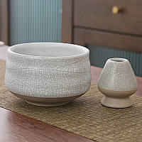 Комплект чаша (Чаван/Тяван) керамічна для приготування чаю матча з підставкою Кусенаоші для вінчика часен Білий з візерунком