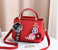 Женская мини-сумочка с цветочками и меховым брелоком Маленькая сумка с цветами Красный Sensey Жіноча міні