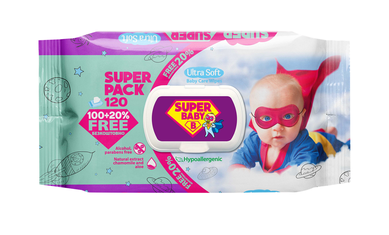 Серветки вологі 120 шт, Super Baby з клапаном, ромашка та алое
