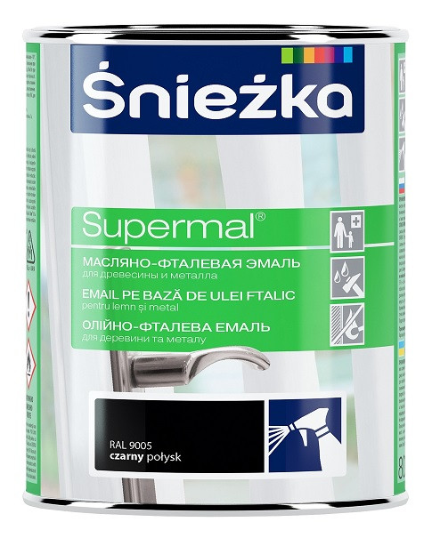 Емаль олійно-фталева Sniezka Supermal RAL 9005 чорний глянцевий 0.8 л, фото 1