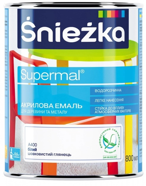 Емаль акрилова Sniezka Supermal А400 сніжно-біла шовковиста 0.8 л, фото 1