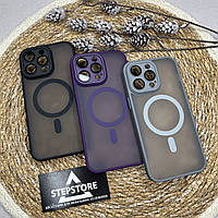Чехол для Iphone 14 Pro Max с линзами на камеру Magsafe матовый с цветным ободком прозрачный противоударный