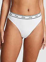Стринги из лого с высокой посадкой, белые PINK Victoria's Secret Logo Cotton High-Waist Thong Panty