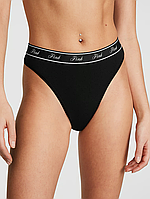 Стринги из лого с высокой посадкой, черные PINK Victoria's Secret Logo Cotton High-Waist Thong Panty