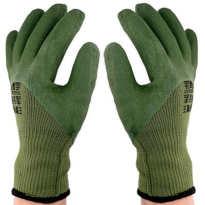Рукавички робочі бавовняні утеплені LOSSO латекс, махра, розмір М (25 см), хакі