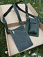 Кожаная Портупея ( сумка для документов, кошелька, телефона , кобура) зеленая