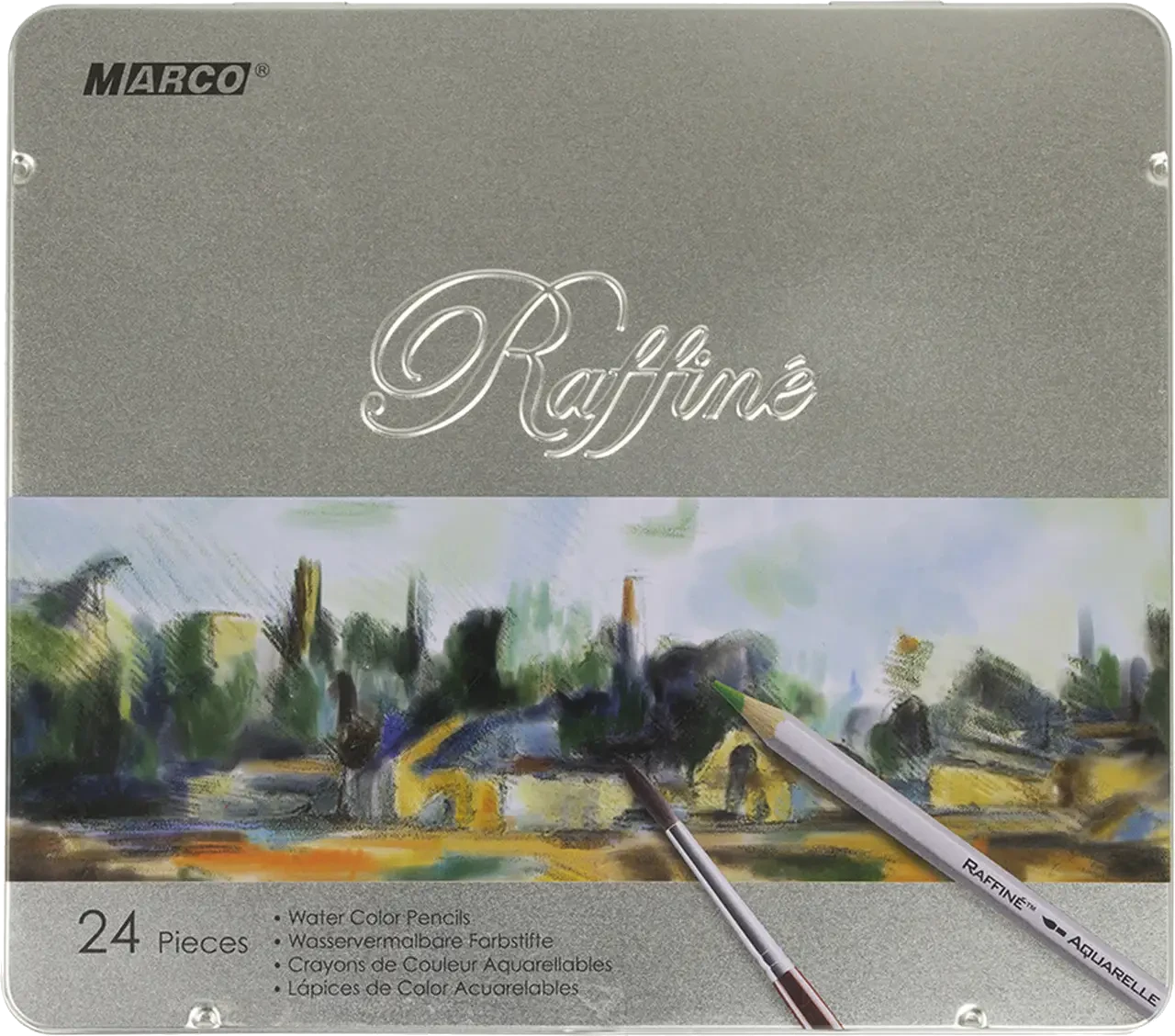 Акварельні кольорові олівці (набір 24шт + пензель, металевий пенал) Marco Raffine 7120-24TN