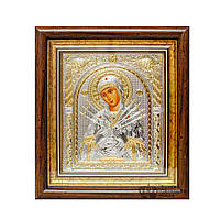 Серебряная Икона Божья Матерь Семистрельная 15,5х17см в прямоугольном киоте под стеклом