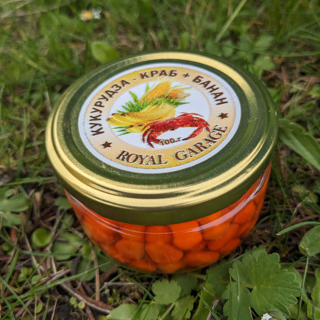 Кукуруза консервована Royal Garage (краб-банан) 200мл приманка для риболовлі, фото 1