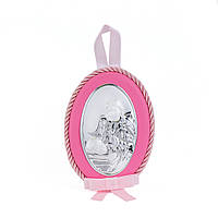 Серебряная детская иконка Ангел Хранитель 8х11 см на розовой подушечке для девочки