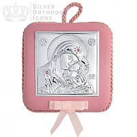 Серебряная детская иконка Богородица Гликофилиуса Умиление на розовой подушечке с музыкой 10,5х10,5 см