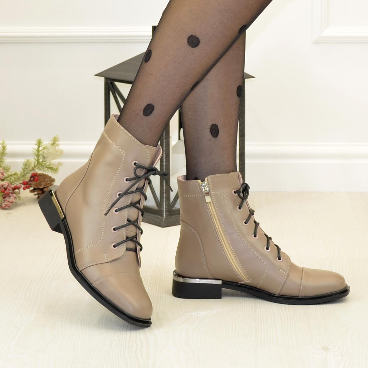 Черевики жіночі шкіряні на стійкому підборі. Колір візон, фото 1