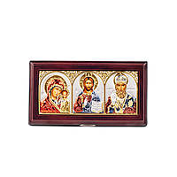 Иконостас 11,8х6,3 Иисус Казанская Николай тройная c разноцветной эмалью на дереве