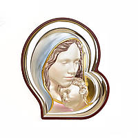 Серебряная Икона в форме сердца "Богородица с Младенцем" с эмалью 13х15см