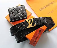 Чоловічий подарунковий набір — ремінь і гаманець із тисненням Louis Vuitton black