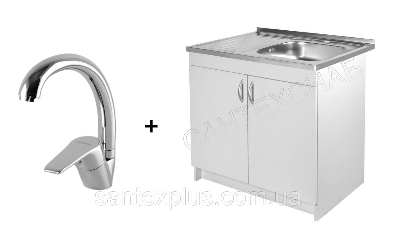 Тумба з мийкою 80х60 правою Біла в комплекті із змішувачем і сифоном для кухні