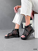 Женские босоножки ботинки летние с открытым носком экокожаные с сеткой черные Moli