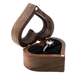 Коробочка для каблучки дерев'яна Heartsong — Футляр скринька для пропозиції, весілля, з натурального американського горіха, чорний оксамит, відкрита кришка