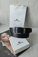 Мужской стильный кожаный ремень Lacoste black в фирменной коробке и пакете