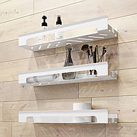 Набор подвесных полок для ванной комнаты металлических с бортиком и крючком (модель 201) НЕРЖ белые (3 шт)