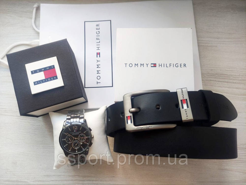 Чоловічий подарунковий набір Tommy годинник і шкіряний ремінь total black