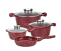 Набор посуды с гранитным покрытием 7 предметов Красный, Набор кастрюль + сковородка AURA