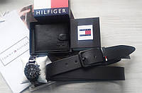 Подарочный мужской  набор Tommy Hilfiger часы, кожаный ремень и кошелек black